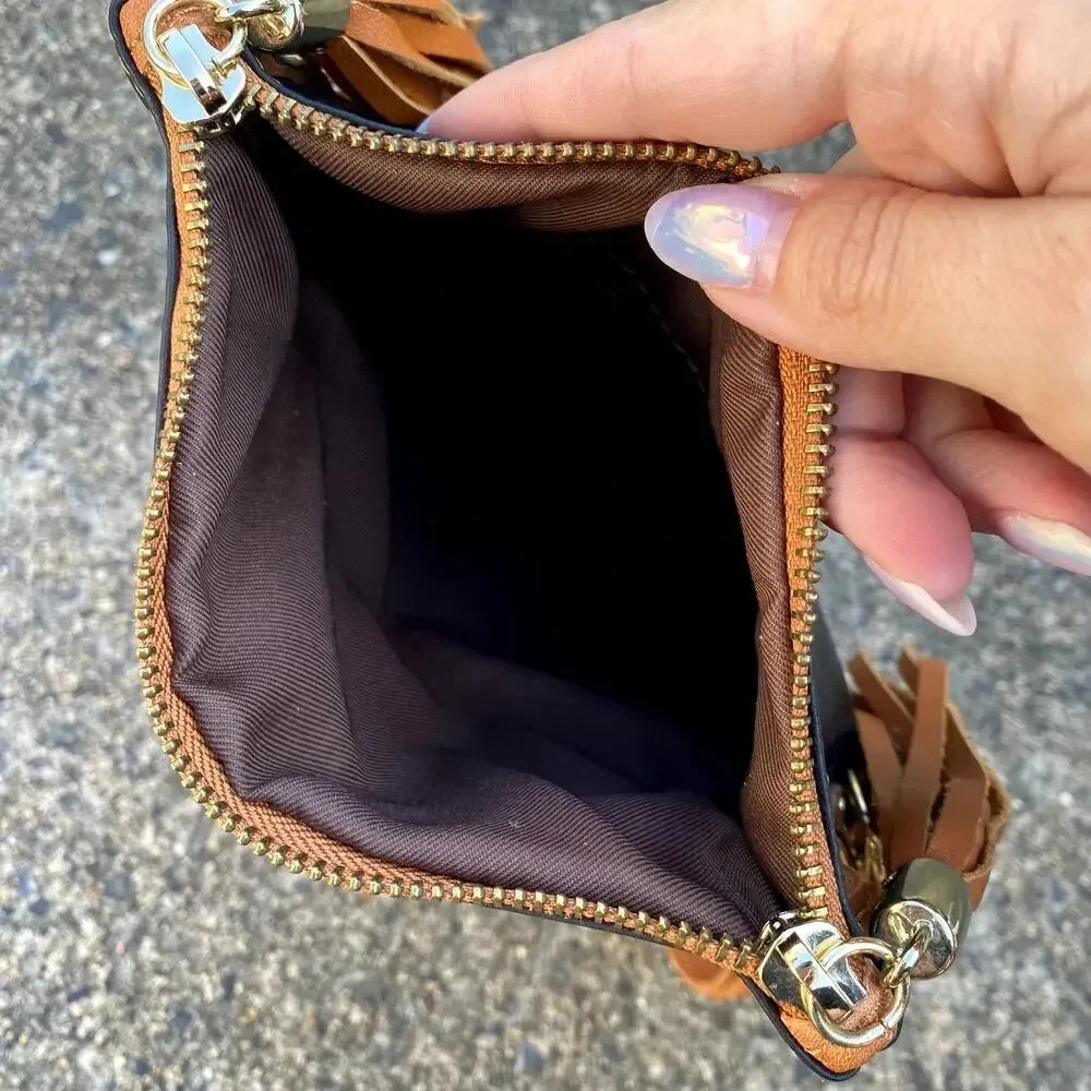 Vera Pelle Italian Leather Black Crossbody Tassel Clutch Bag